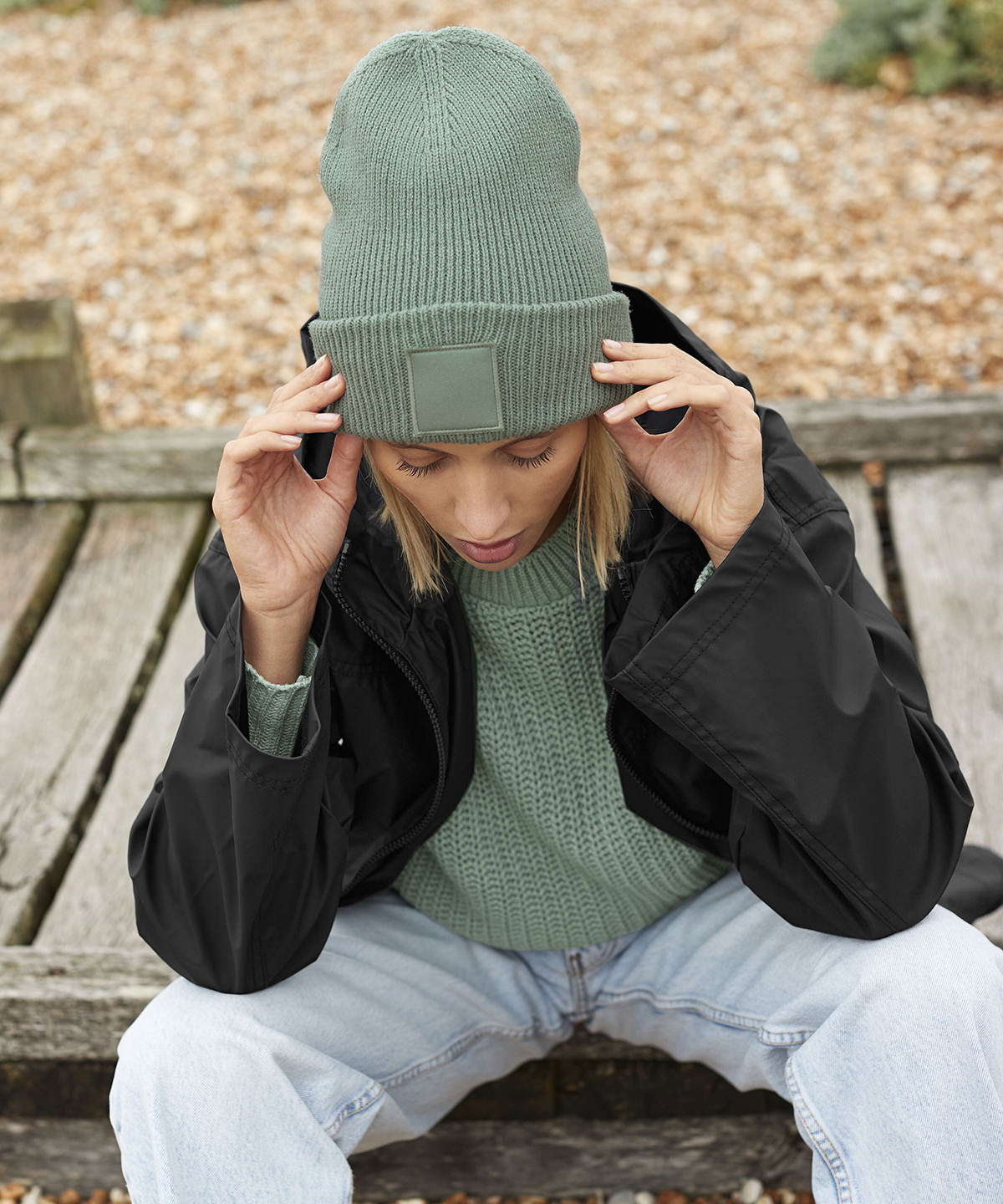 Deep-cuffed tonal patch beanie – lifestyle