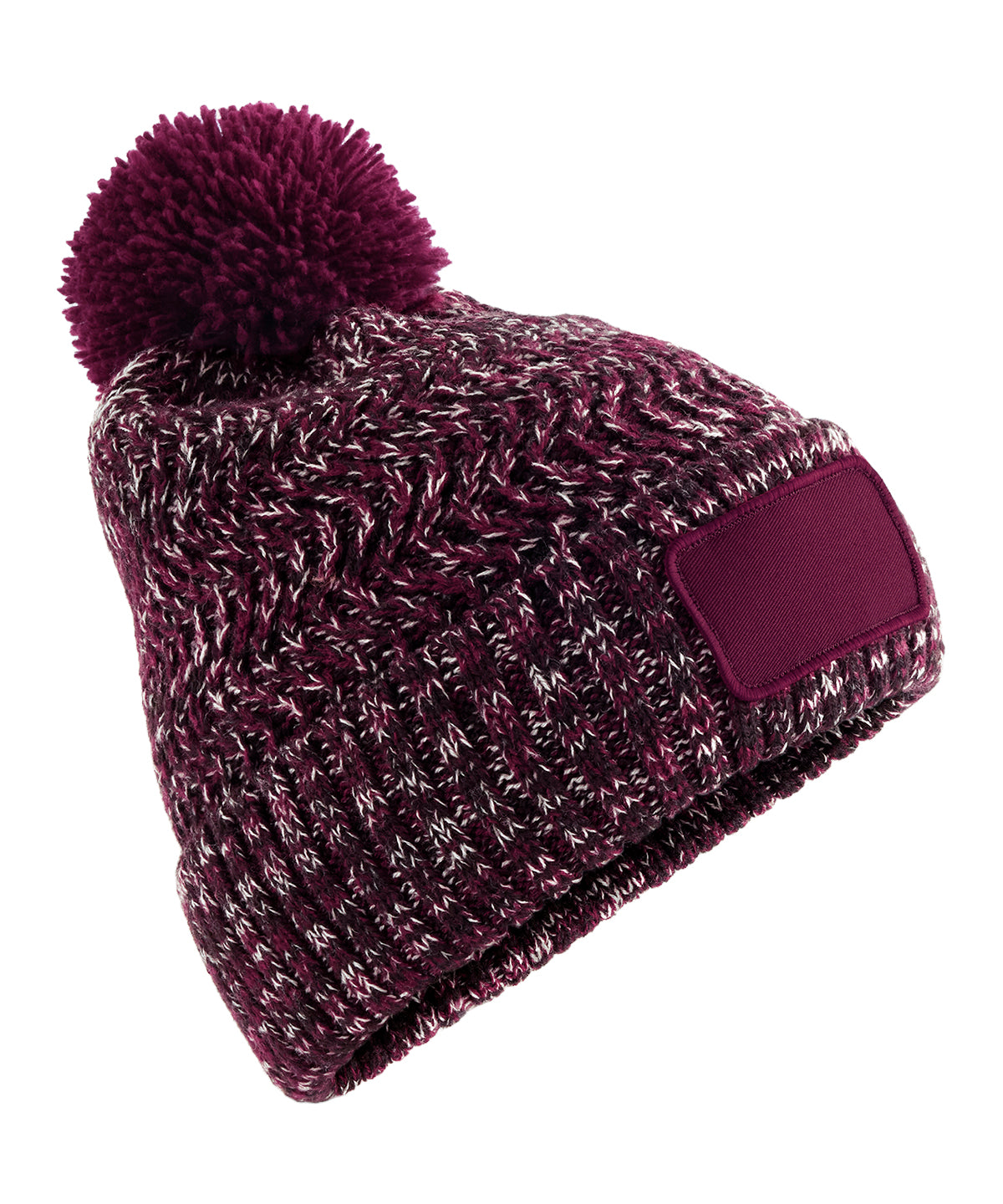 Ramble patch pom-pom beanie – Burgundy Twist