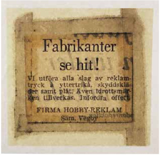 Gammal annons från Firma Hobby-Reklam med texten Fabrikanter se hit