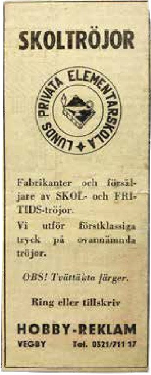 Gammal skoltröjeannons från Hobby-Reklam i Vegby